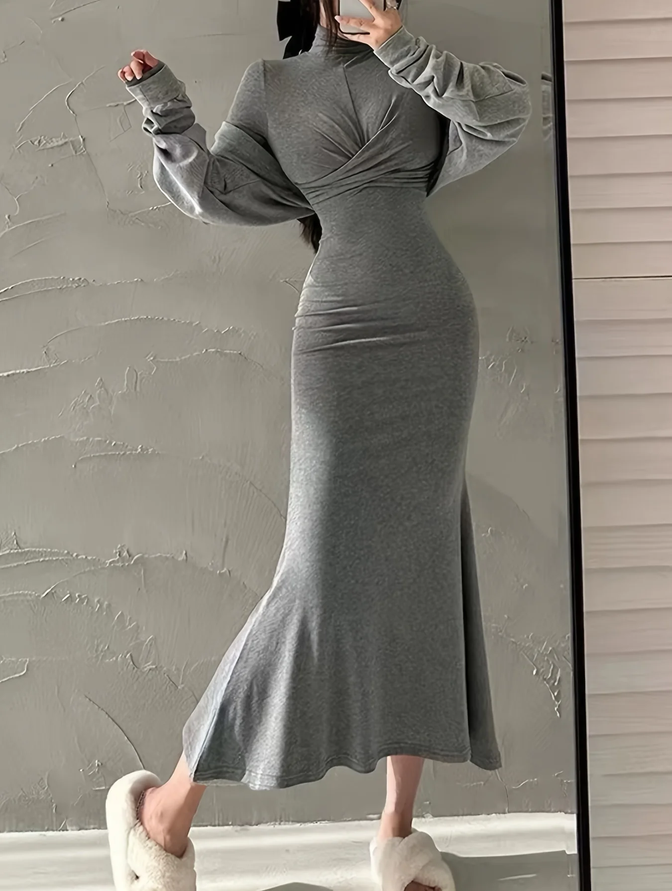 Twist Front Long Sleeve Trumpet Dress, Casual Turtle Neck Slim Dress For Spring & Fall, Women's Clothing - Deanwangkt