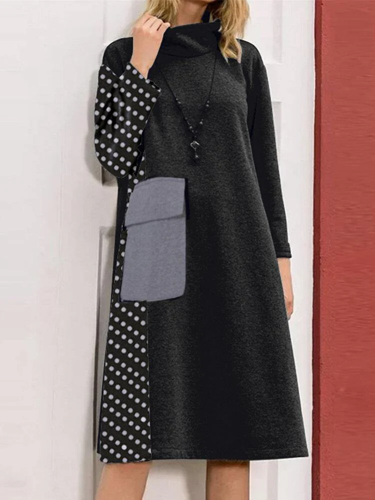 deanwangkt Women Patchwork Polka Dot Print Drop Shoulder Turtleneck Casual Dresses - Deanwangkt