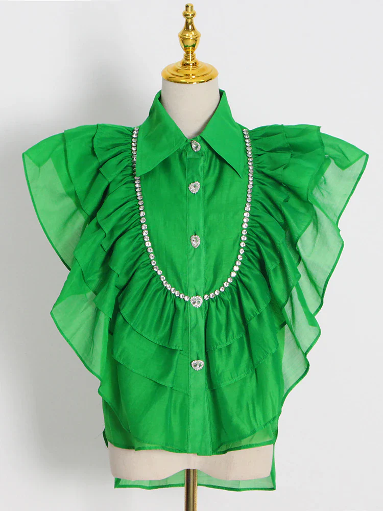 deanwangkt Casual Shirt For Women Lapel Sleeveless Solid Patchwork Ruffle Trim Blouses Female Summer Clothing Style New - Deanwangkt