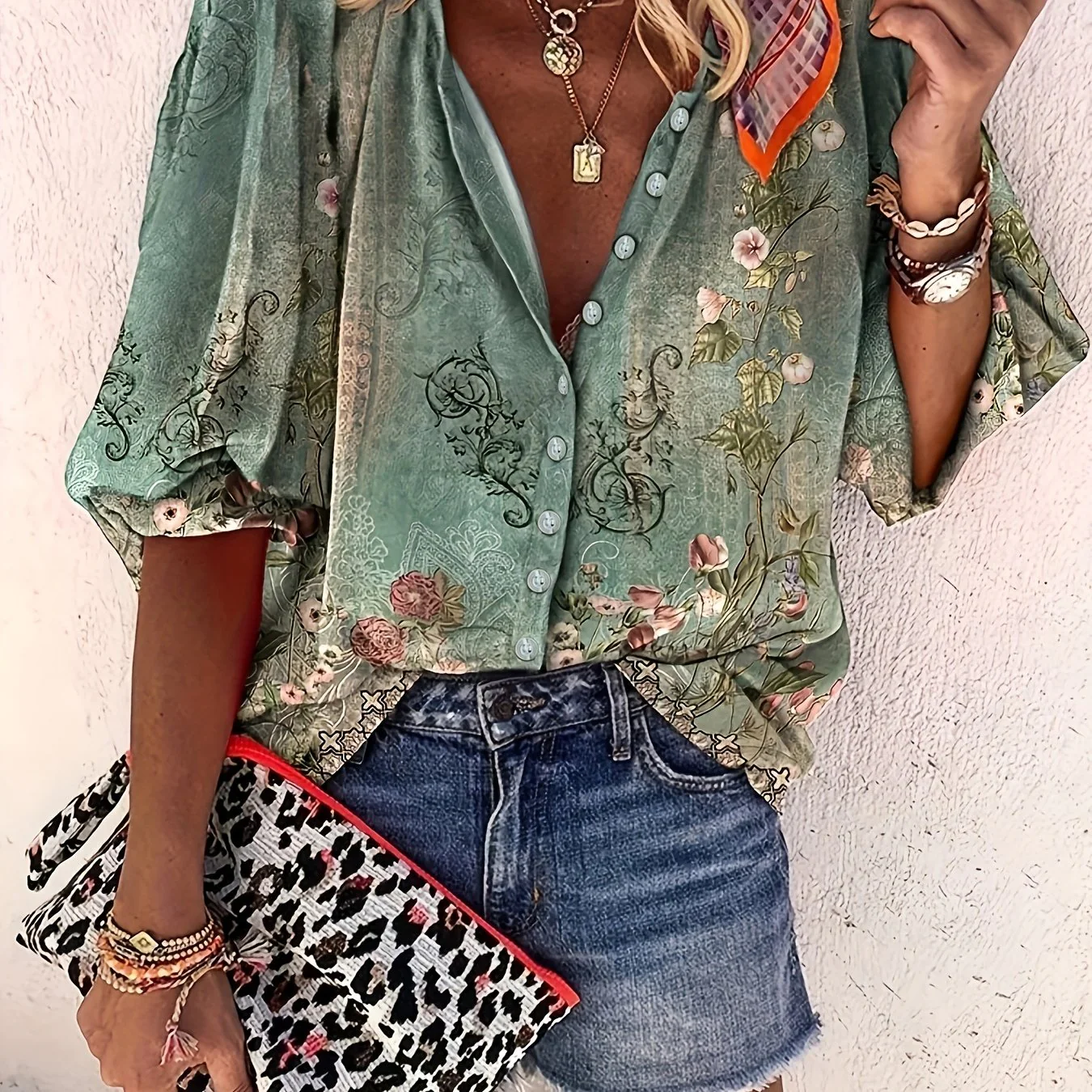 Floral Print Button Front Blouse, Casual Long Sleeve Crew Neck Blouse For Spring & Fall, Women's Clothing - Deanwangkt