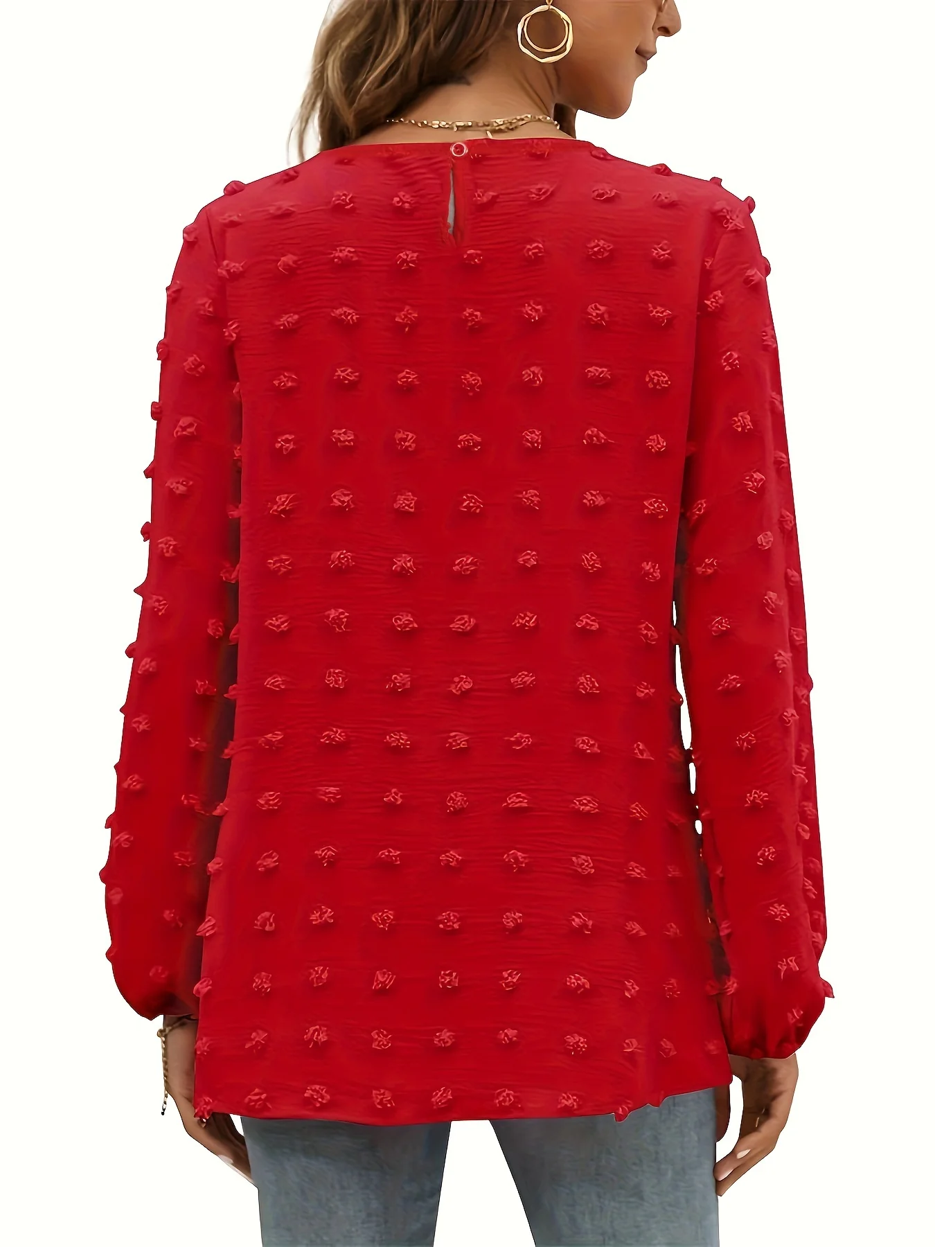 Plus Size Casual Top, Women's Plus Solid Swiss Dot Lantern Sleeve Round Neck Tunic Top - Deanwangkt