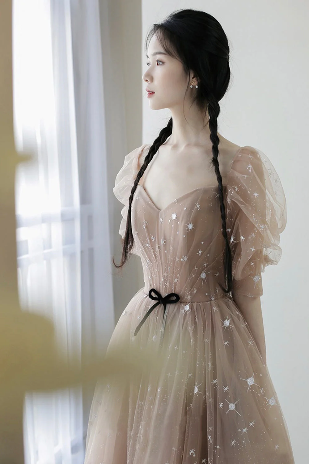 solvbao Champagne Tulle Long Prom Dresses, A-Line 1/2 Sleeve Evening Dresses - Deanwangkt