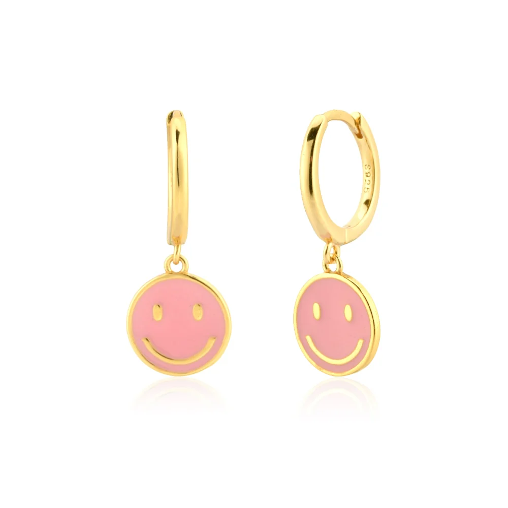 DEANWANGKT Sterling Silver Gold White Pink Enamel Smile Drop Earring Black Clips Pendiente Spring Summer Jewelry For Women Gift - Deanwangkt