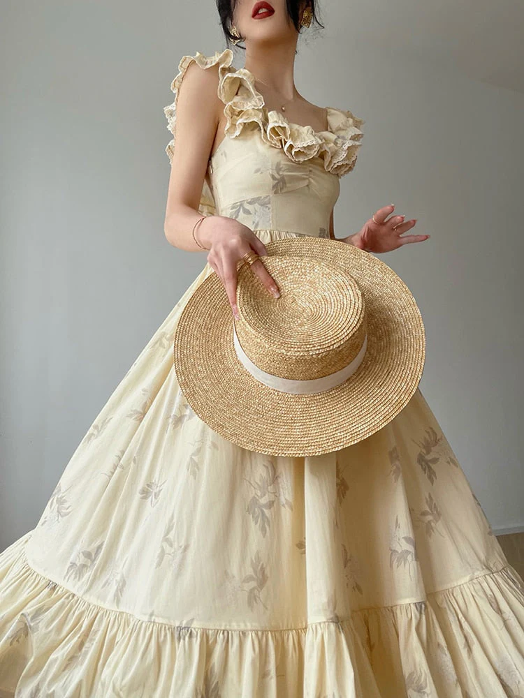 Joskka France Vintage Elegant Print Dress Women Lace Retro Evening Party Long Dress Sleeveless Casual Summer Beach Boho Dress - Deanwangkt