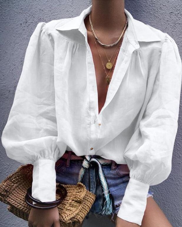 deanwangkt Women Blouses  Autumn Office Lady Colorful Shirts Lantern Sleeve Buttons Pink White Blue Orange Blouse Tops - Deanwangkt