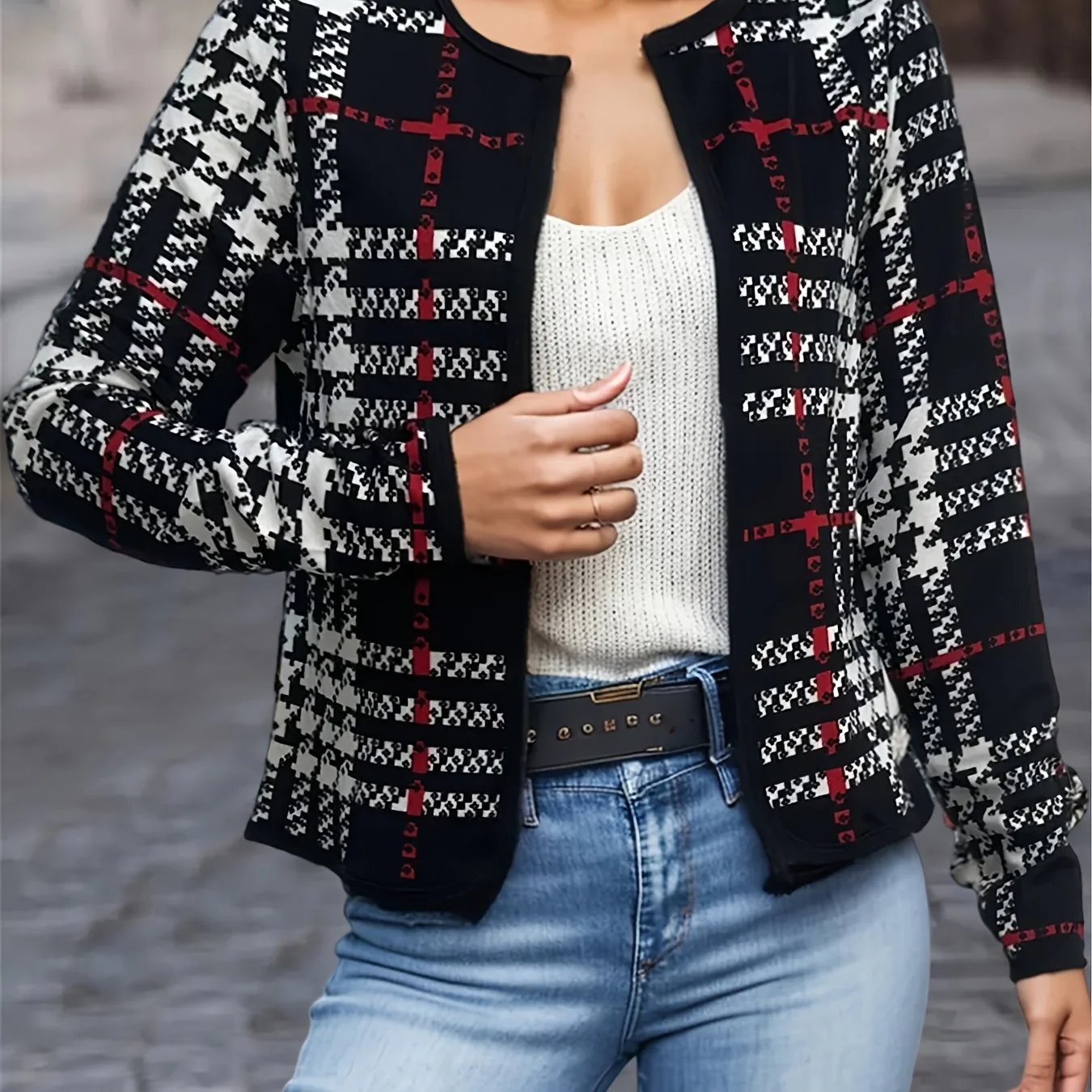 Plaid Open Front Jacket, Casual Contrast Trim Jacket For Spring & Fall, Women's Clothing - Deanwangkt