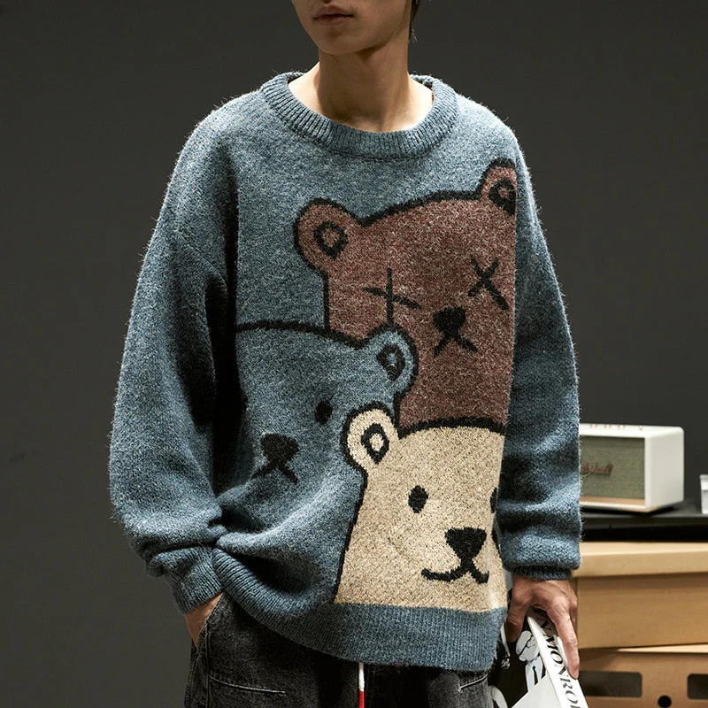 deanwangkt Cartoon Bear Sweater Men's Winter Men's Women's Fashion Long-Sleeved Knitted Pullover Sweater Oversized  New Cotton Coat - Deanwangkt