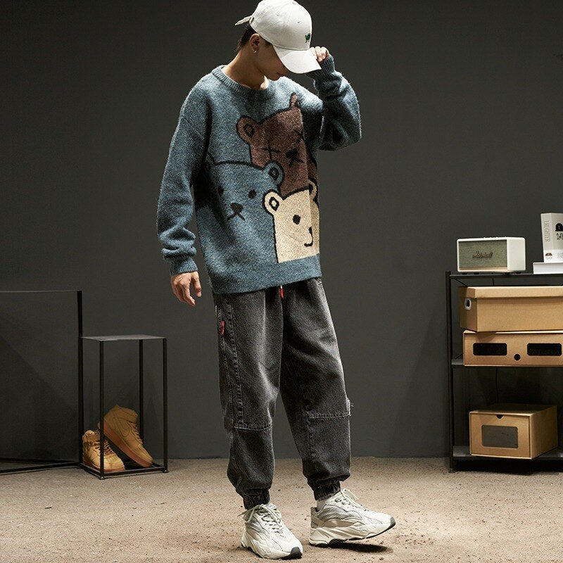 deanwangkt Cartoon Bear Sweater Men's Winter Men's Women's Fashion Long-Sleeved Knitted Pullover Sweater Oversized  New Cotton Coat - Deanwangkt