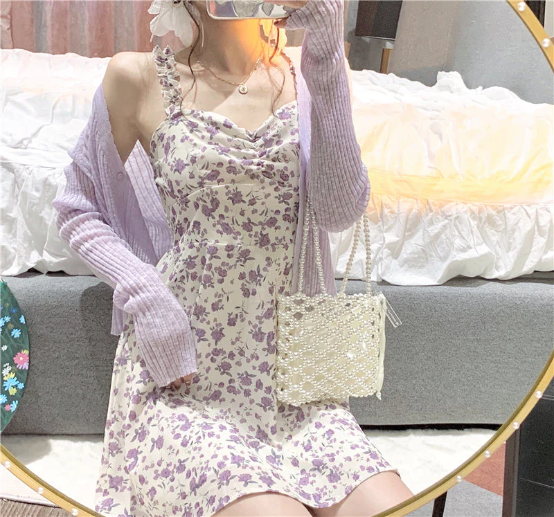 Floral Slip Dress Ladies Mini A-line Strap Dress  High Waist Ruched Purple Sundress For Women Spring  Clothing Robe Femme Fairy Dress - Deanwangkt