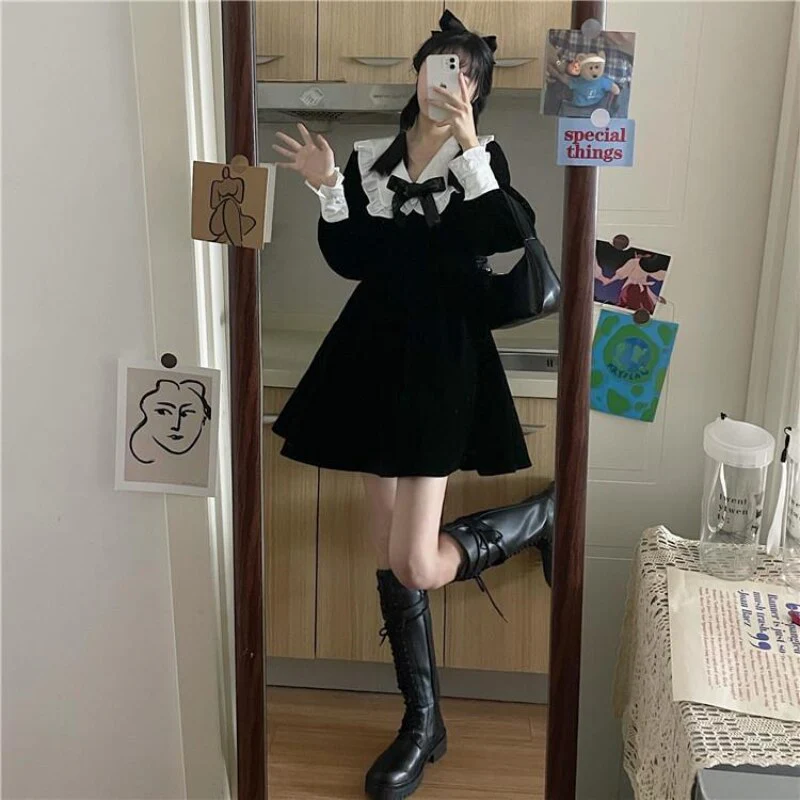 deanwangkt Kawaii Bow Dress Women Japanese Preppy Style Long Sleeve Mini Dresses Black Goth Vintage Lolita Outfits Sweet Streetwear - Deanwangkt