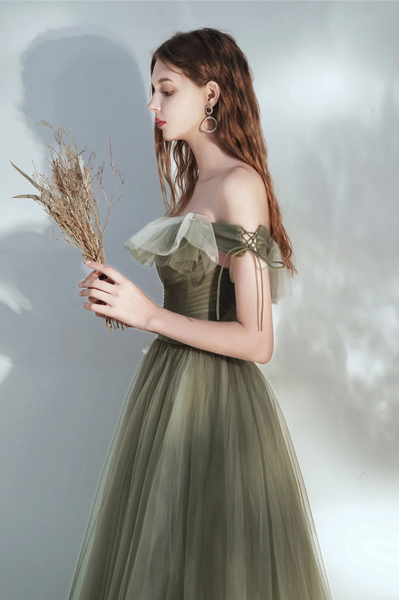 solvbao Green Tulle Long Prom Dress, A-Line Off the Shoulder Evening Dress - Deanwangkt