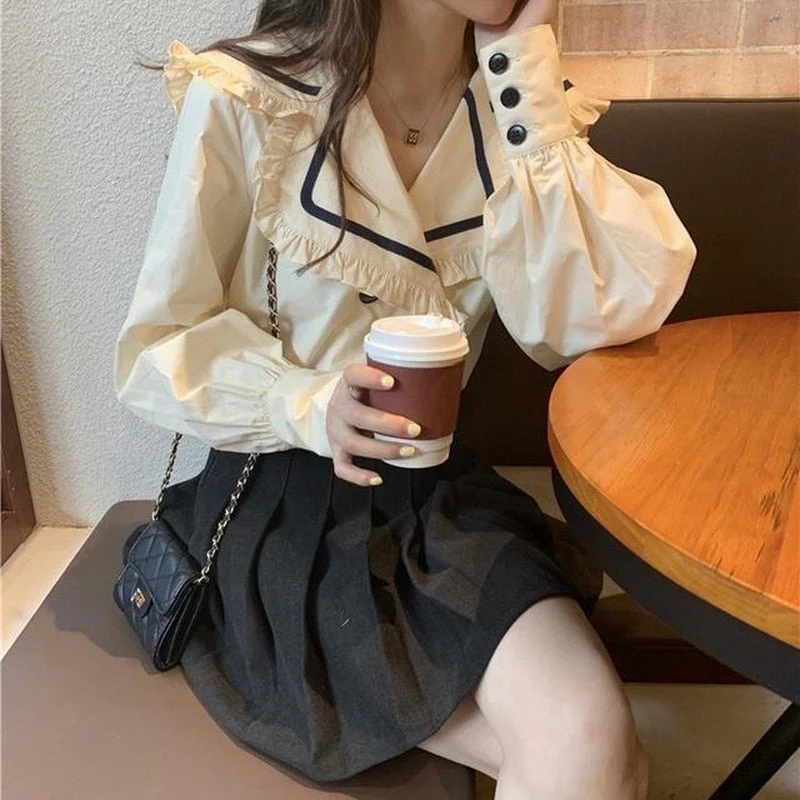 deanwangkt Shirts Womens Spring Autumn Elegant Ruffles Sailor Collar Casual Blouses Ladies Kawaii Korean Style Harajuku Female Tops Trendy - Deanwangkt