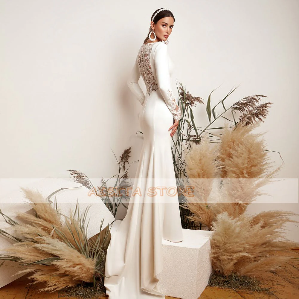 Saudi Arabic Mermaid Wedding Dresses  Modest Scoop Neck Lace Appliques Long Sleeve Sweep Train Bridal Gowns Vestido De Novia - Deanwangkt