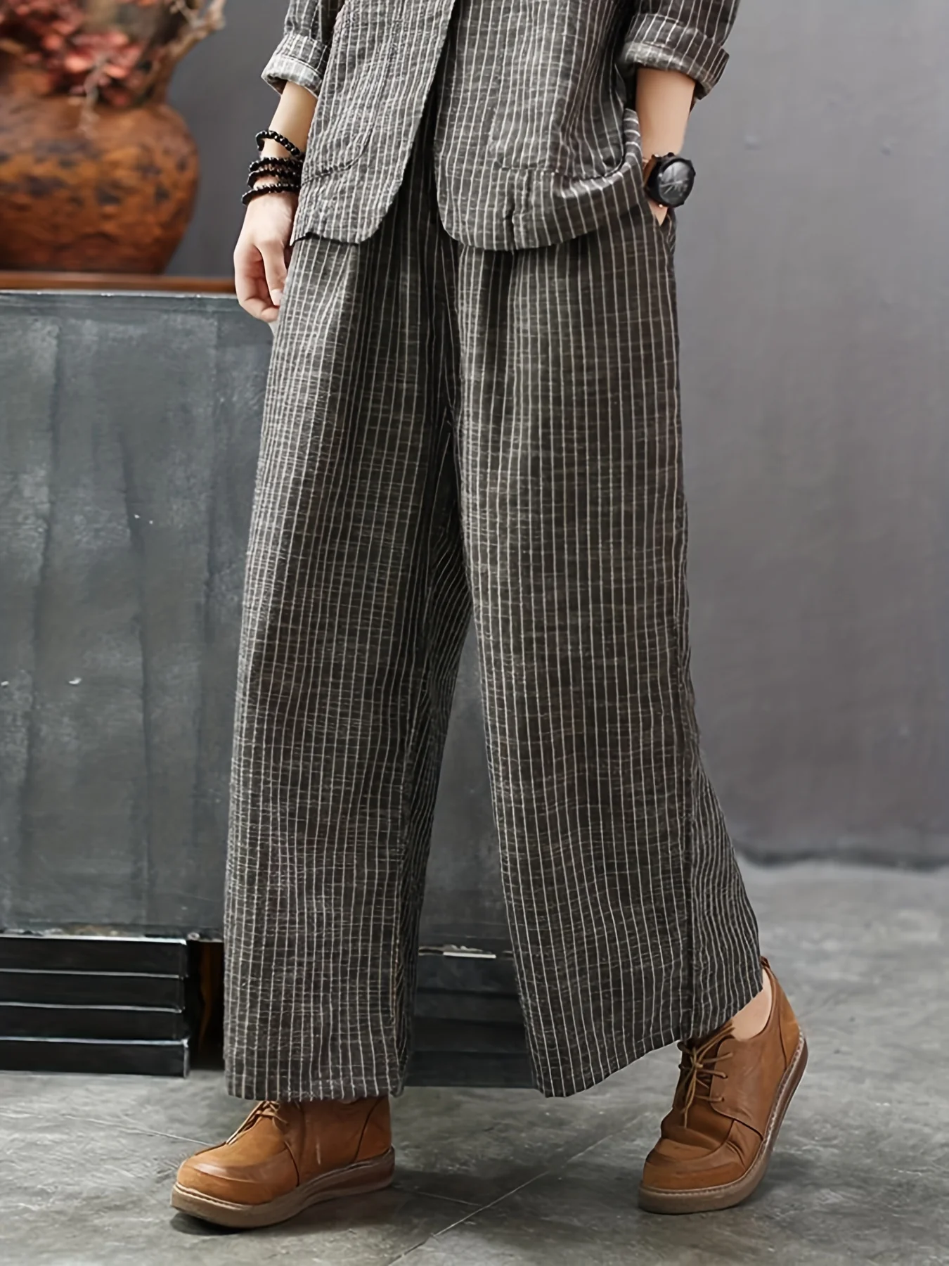 deanwangkt Striped Print Casual Two-piece Set, Lapel One Button Long Sleeve Blazer & Long Length Wide Leg Pants Outfits, Women's Clothing - Deanwangkt