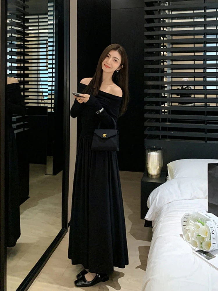 deanwangkt Autumn Fashion White Knitted Dress Women Elegant Sexy Off Shoulder Slim A-Line Robe Korean Spring Casual Long Sleeve Clothing - Deanwangkt