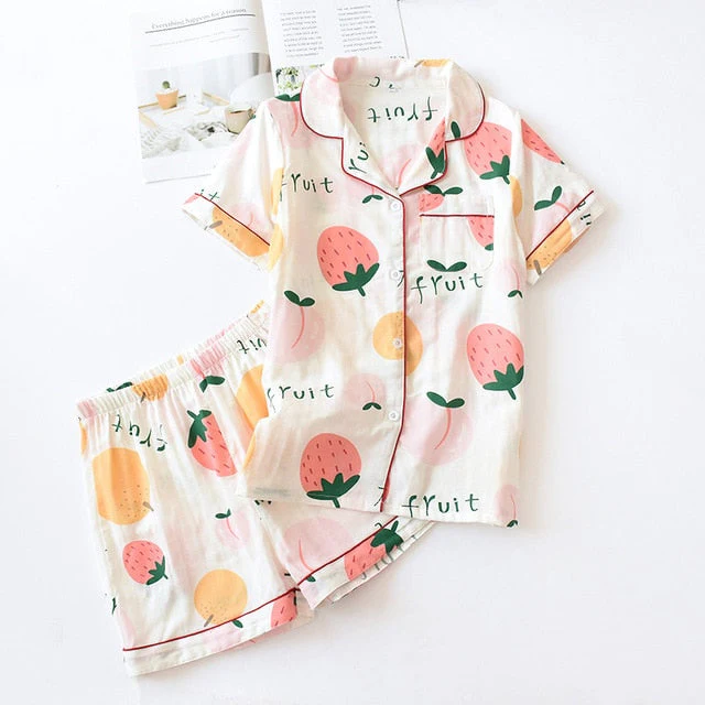 deanwangkt  Pyjamas Women 100% Cotton Short Sleeves Ladies Pajama Sets Shorts Cute Cartoon Print Japanese Simple Sleepwear Homewear Pijamas - Deanwangkt