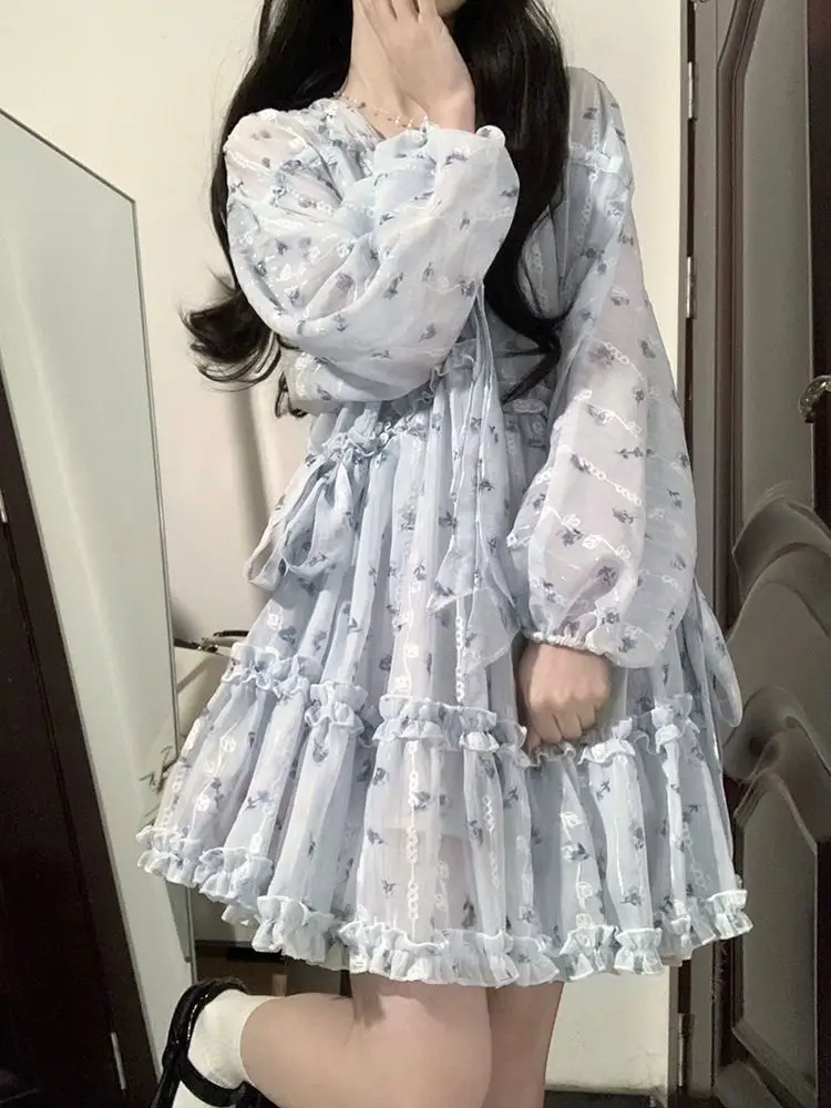 deanwangkt Fairycore Cute Floral Blue Lolita Dress Women Kawaii Japanese Style Sweet Ruffles Long Puff Sleeve Mini Dresses Autumn - Deanwangkt