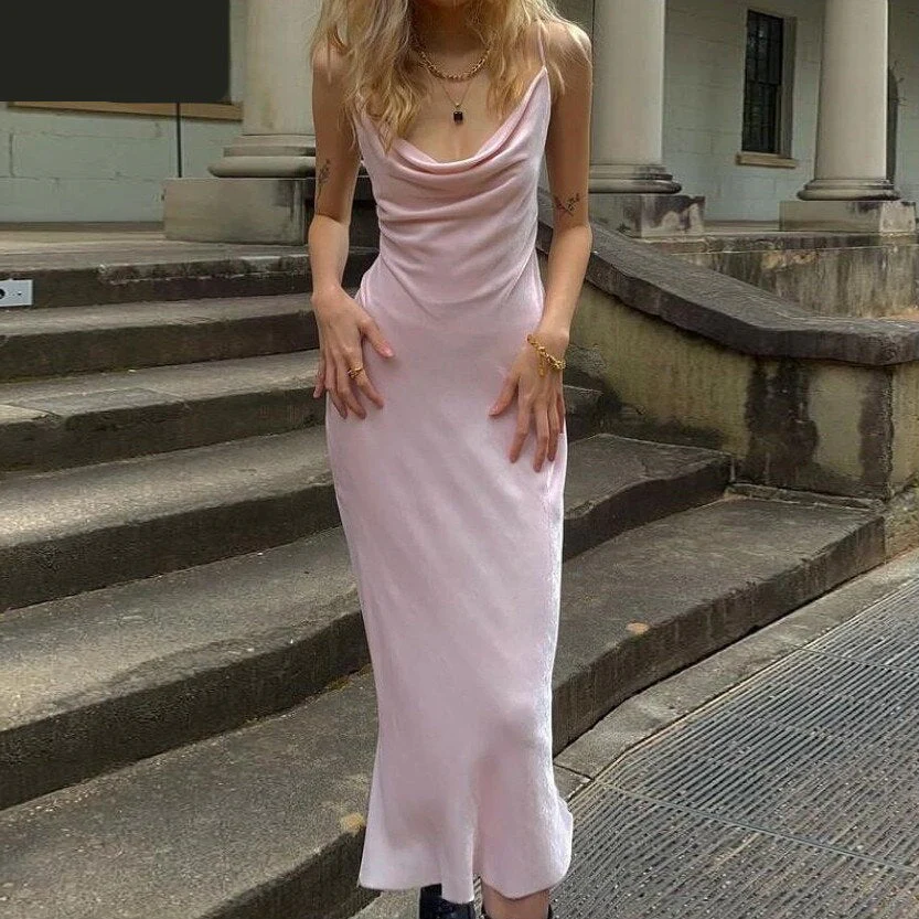 deanwangkt Fashion Elegant Party Strap Dress Women Summer New Solid Pink Simple Office Lady Street Vacation Beach Dress - Deanwangkt