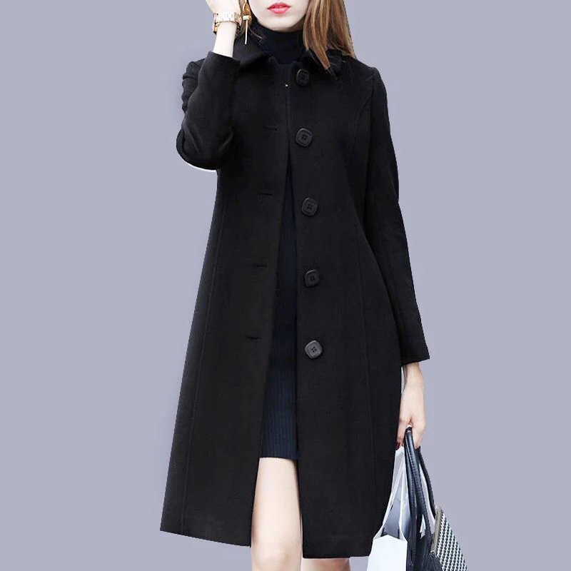 deanwangkt Fashion Ladies Wool Coat New Autumn Winter Mid-Length Single-Breasted Slim Blended Woolen Overcoat Red Blue Black Women Jacket - Deanwangkt