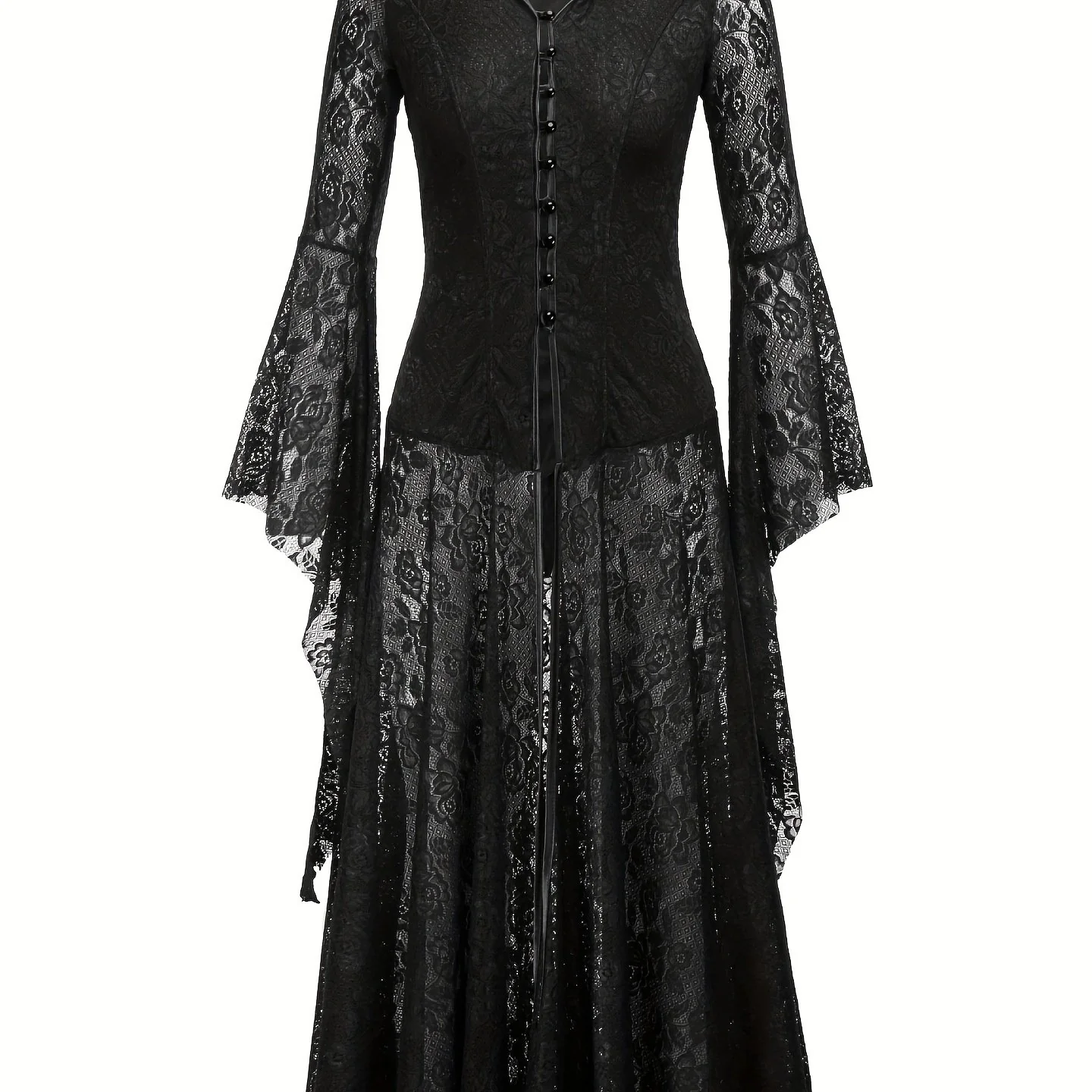 Women's Gothic Corset Waist Hoodie Lace Dress with Flare Sleeves and Lapel - Perfect for Halloween and Cosplay - Deanwangkt