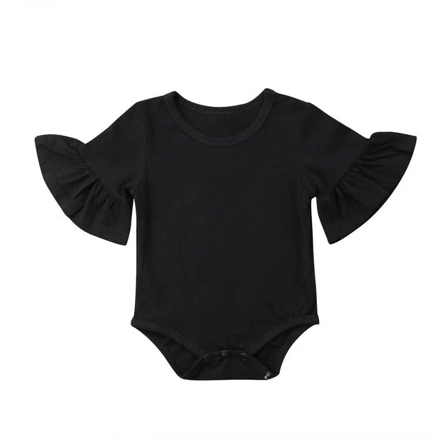 0-24M Newborn Baby Girl Flare Sleeve Solid Black White Grey Casual Romper Jumpsuit Outfits Baby Clothes Summer kids Suit - Deanwangkt