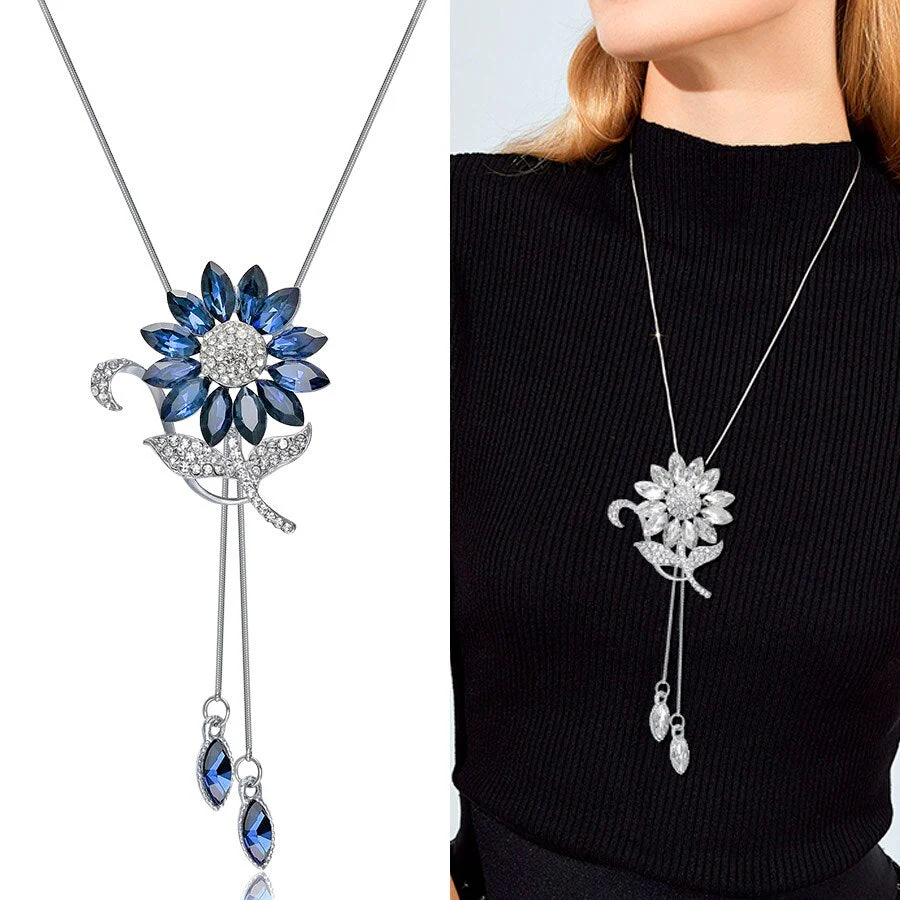 DEANWANGKT Sunflower Crystal Pendant Necklace Women Fashion Blue White Rhinestone Long Chain Necklaces & Pendants Jewelry - Deanwangkt