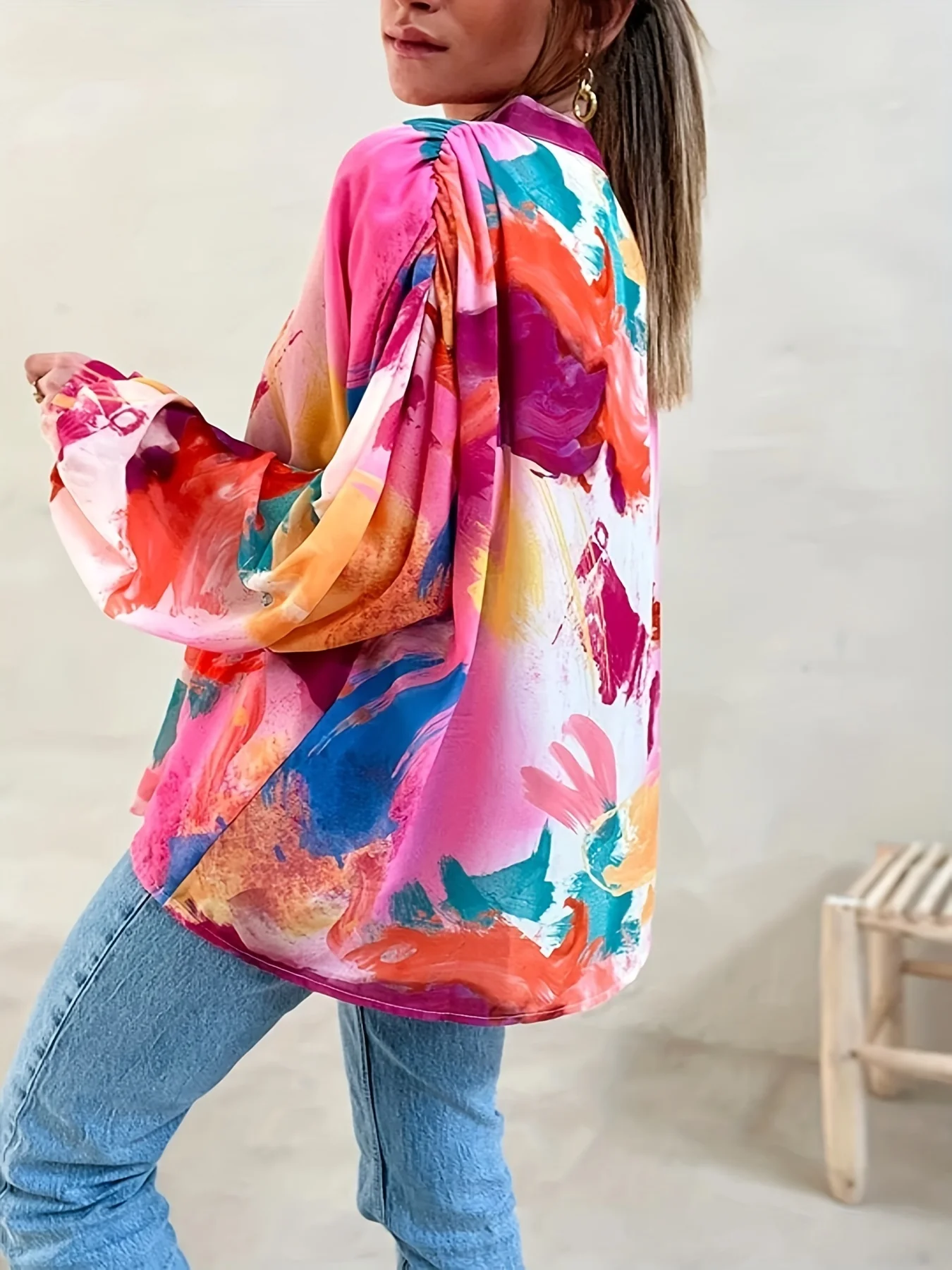 Plus Size Casual Blouse, Women's Plus Colorblock Random Print Button Up Lantern Sleeve V Neck Blouse - Deanwangkt