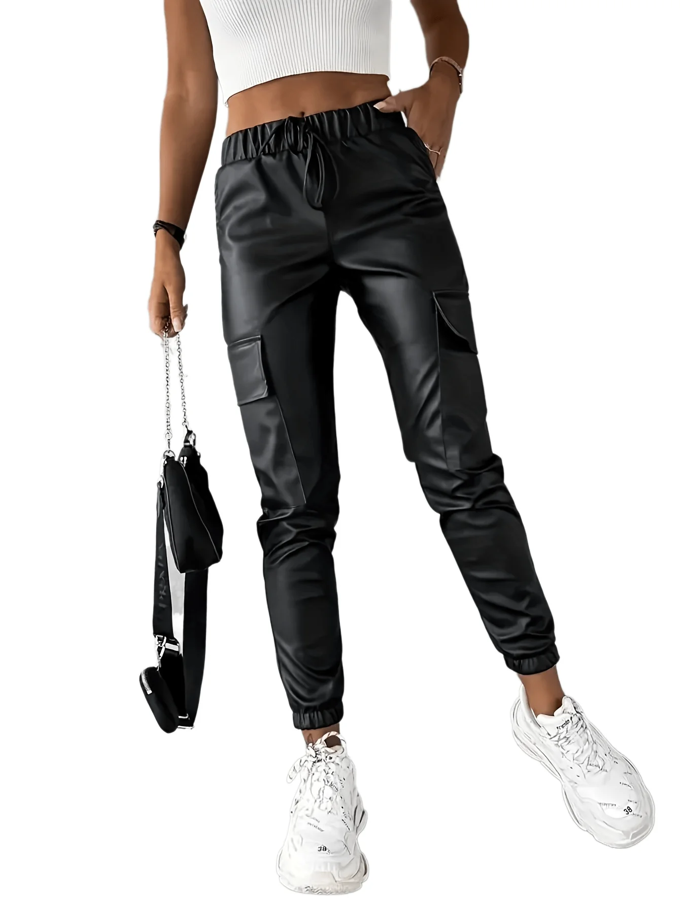 deanwangkt Faux Leather Jogger Pants, Casual Tied Elastic Waist Flap Pocket Pants, Women's Clothing - Deanwangkt