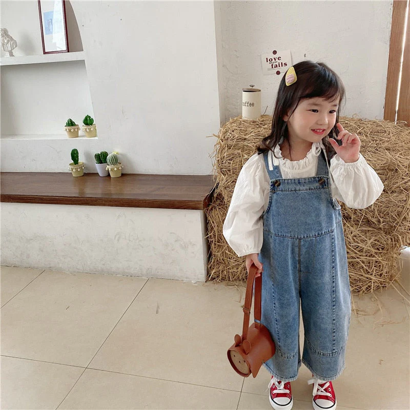 deanwangkt Korean style Spring Kids Children Oversized Wide Leg Denim Overalls Baby Clothes Boys Girls Loose All-match Casual Pants - Deanwangkt