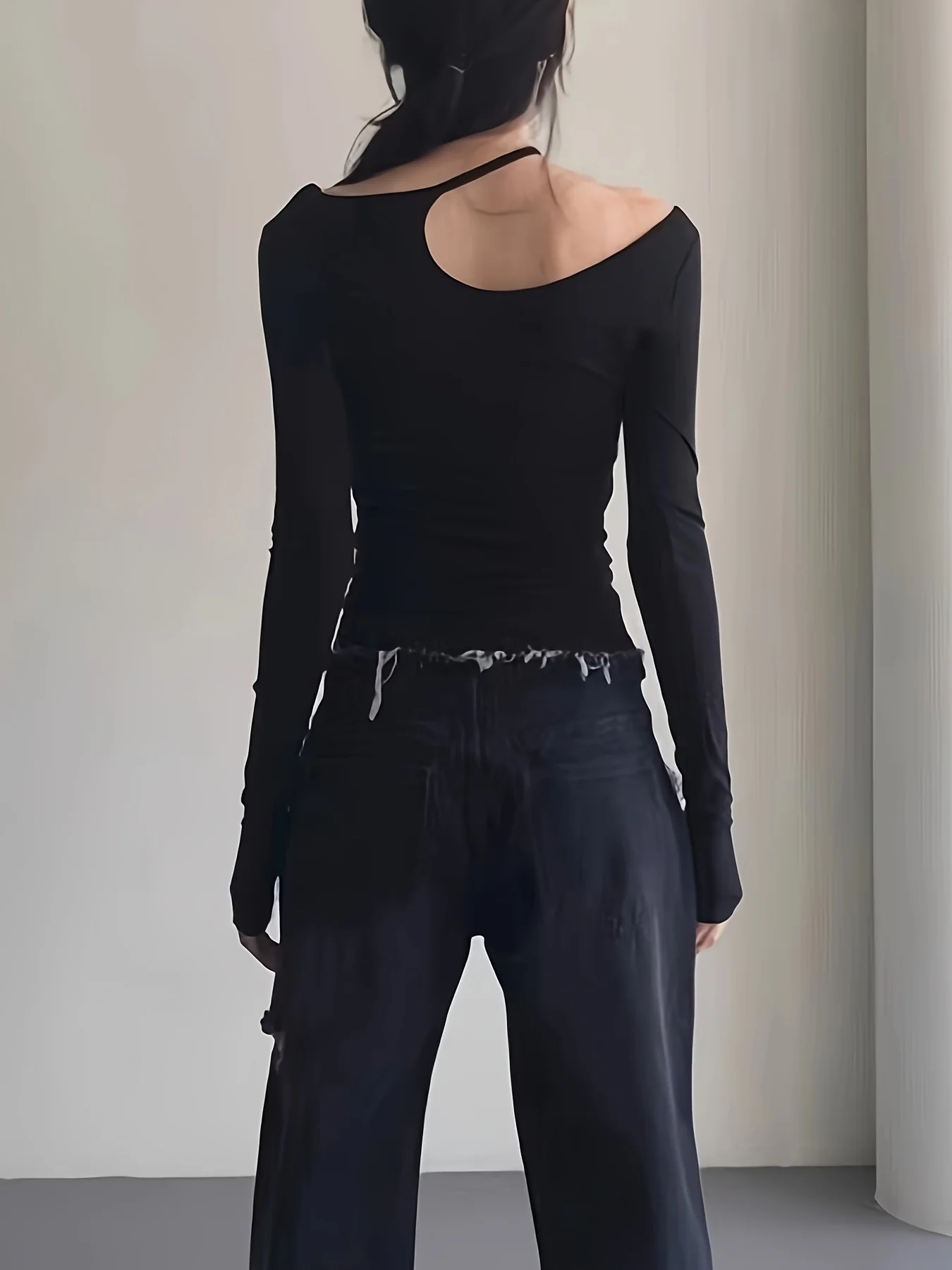 deanwangkt  Cutout Asymmetrical Neck T-Shirt, Casual Long Sleeve Top For Spring & Fall, Women's Clothing - Deanwangkt