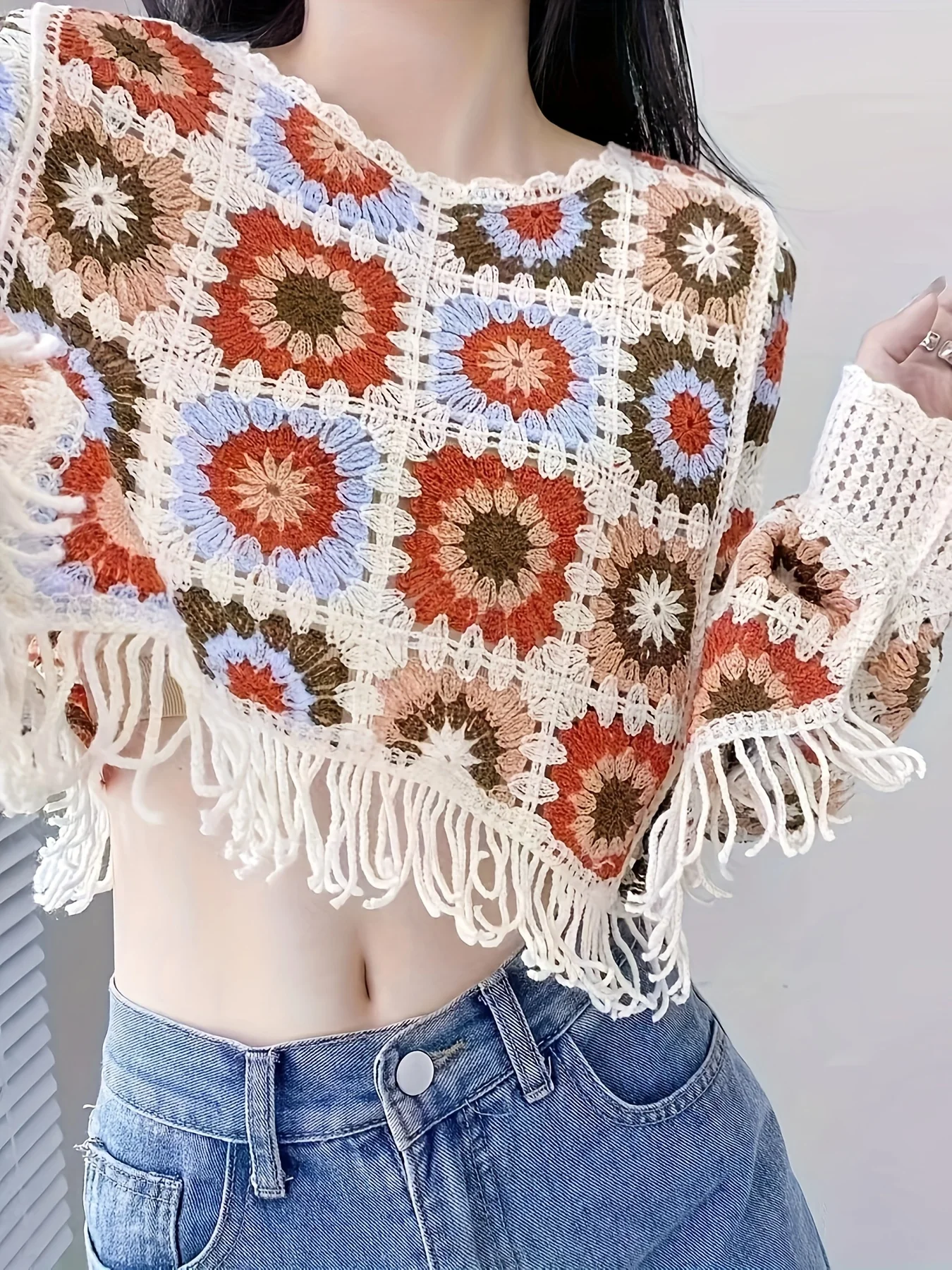 deanwangkt-1 Floral Pattern Tassel Trim Sweater, Boho Batwing Sleeve Stylish Crop Sweater For Spring & Fall, Women's Clothing - Deanwangkt