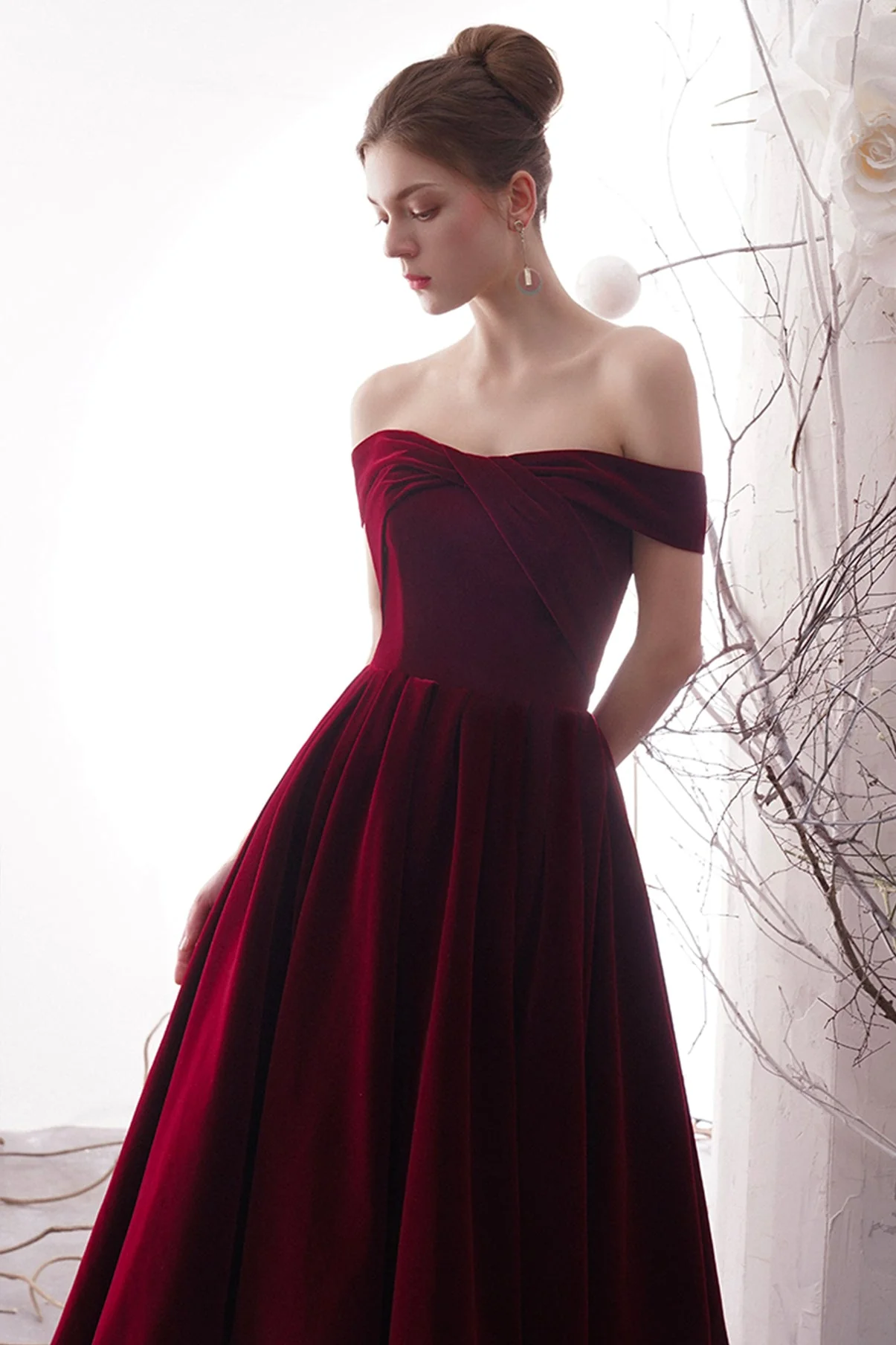 solvbao Burgundy Velvet Long Prom Dresses, Off the Shoulder Evening Dresses - Deanwangkt