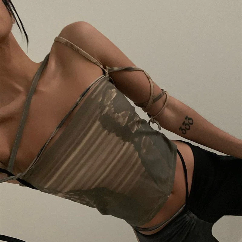 deanwangkt Fashion Print Sleeveless Crop Tops for Women Bandage Sexy Backless Tie Up Halter Top Female Cropped Top Summer - Deanwangkt