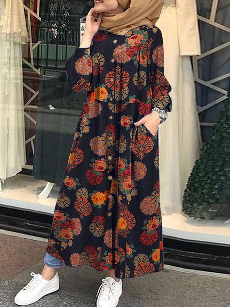 deanwangkt Women Retro Floral Print O-neck Button Robe Shirt Maxi Dress With Pocket - Deanwangkt