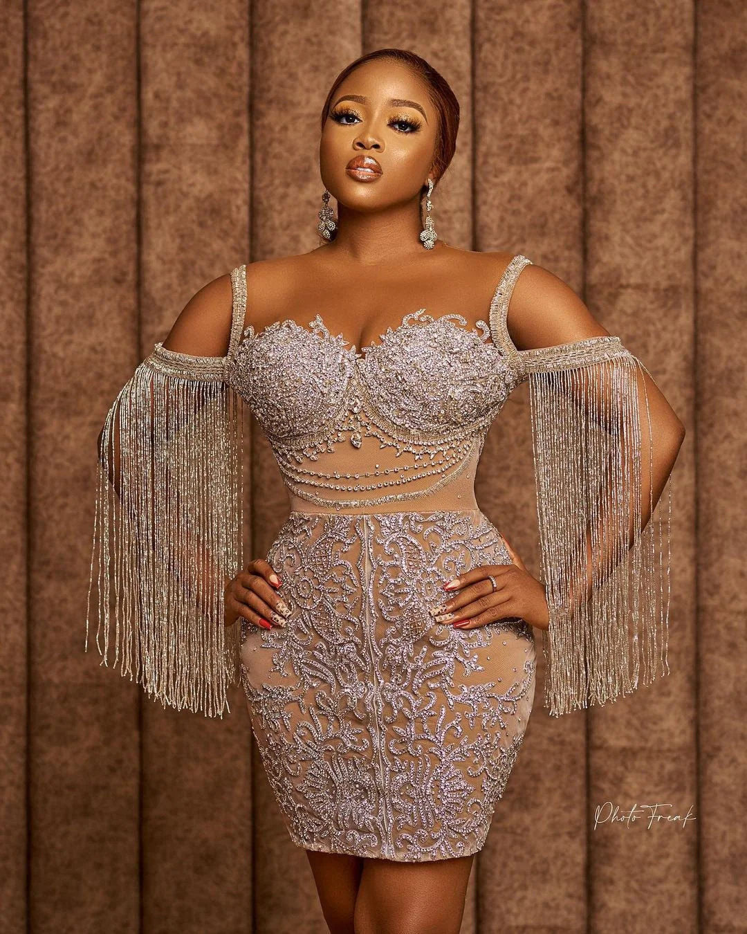 DEANWANGKT  New Glitter Short Aso Ebi Dresses Tassels Cap Sleeves Mini Length Straight Prom Dresses Beaded Evening Gowns Plus Size - Deanwangkt