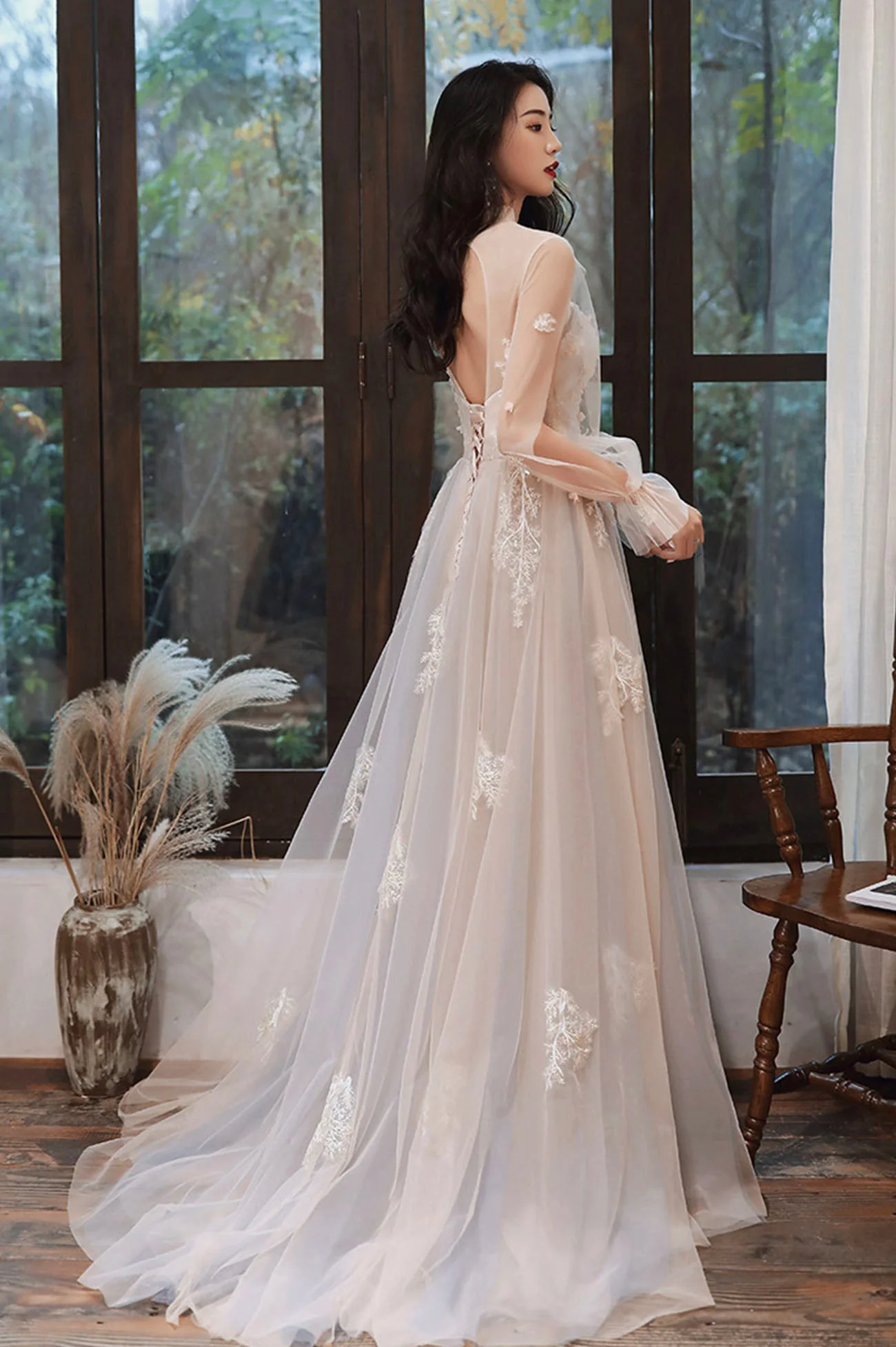 solvbao Lovely Lace Long A-Line Formal Dress, Long Sleeve Evening Dress - Deanwangkt