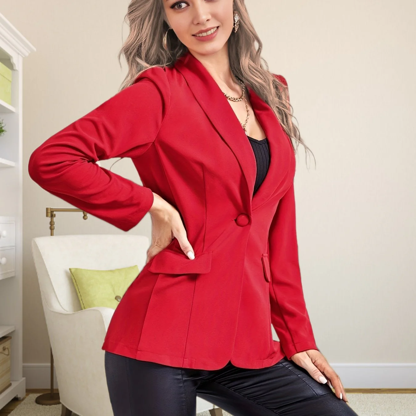 deanwangkt-1 Solid One Button Blazer, Elegant Long Sleeve Work Office Outerwear, Women's Clothing - Deanwangkt