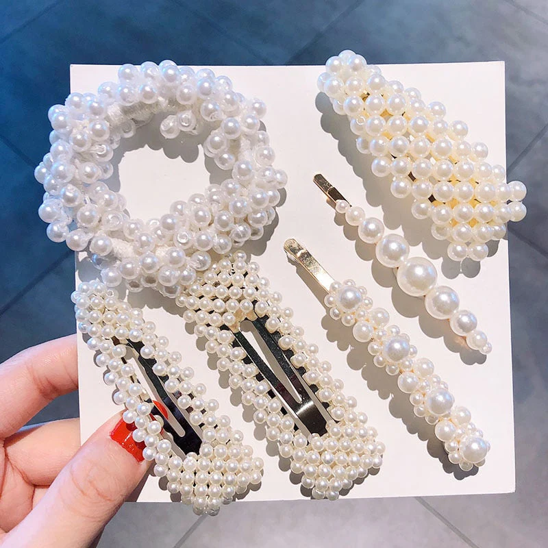 3/4/5pcs/Set Women Girls Elegant Full Pearls Geometric Hair Clips Sweet Hair Ornament Hairpin Barrette Headband Hair Accessories - Deanwangkt
