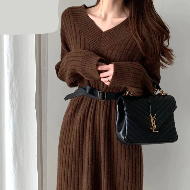 deanwangkt Midi Sweater Dresses Women Autumn Winter V Neck Long Sleeve Warm Elegant Long Casual Loose Ladies Harajuku Dress - Deanwangkt