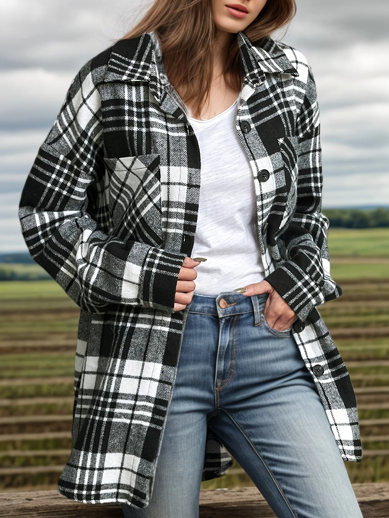 Plaid Pattern Button Front Jacket, Casual Long Sleeve Outwear For Spring & Fall, Women's Clothing - Deanwangkt