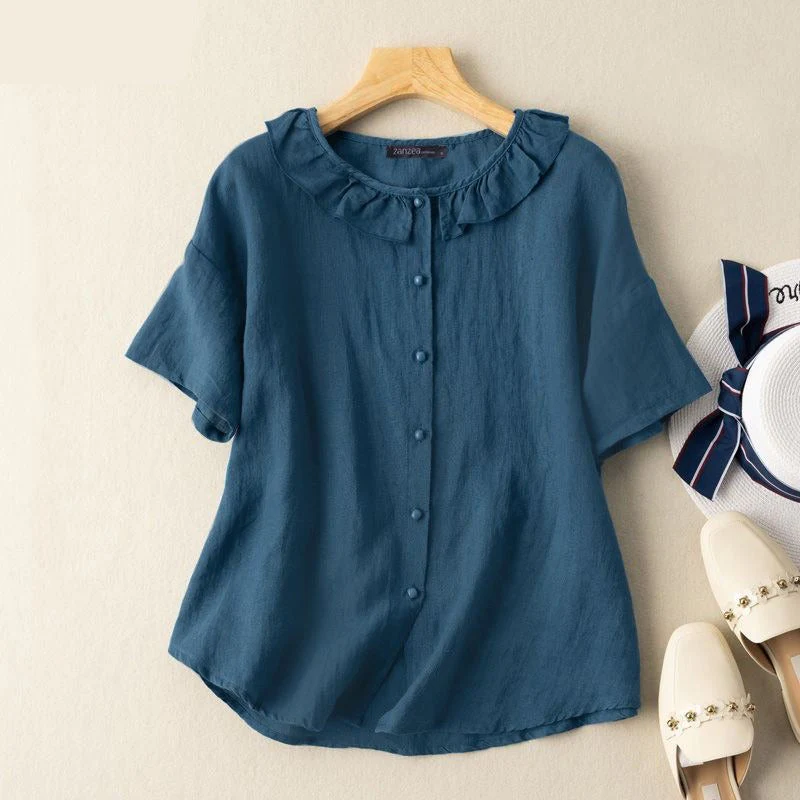 Fashion Solid Ruffle Tops Vintage Cotton Blouse Women Casual Short Sleeve Shirts Summer O Neck White Camisa Oversize - Deanwangkt