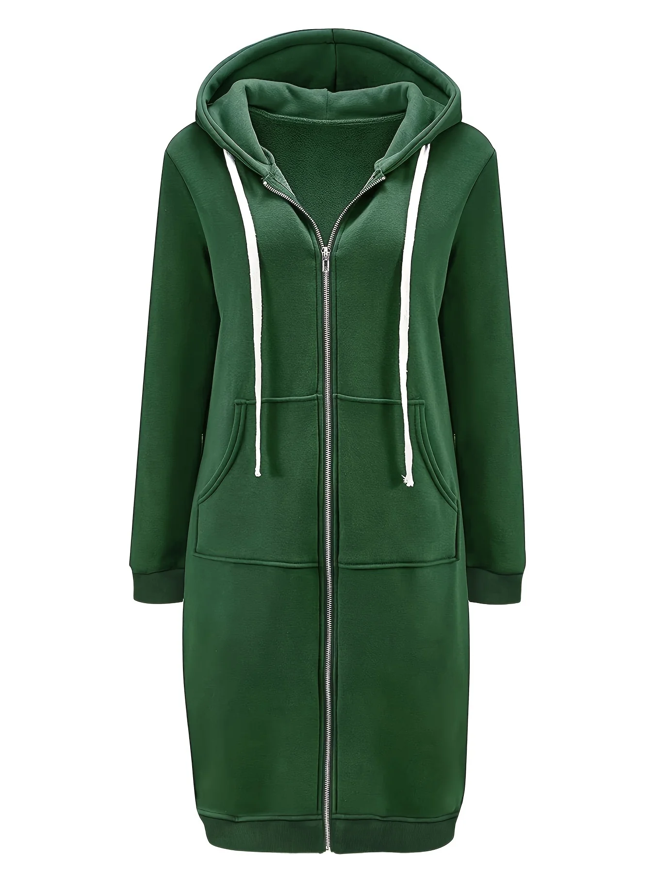 deanwangkt-1  Solid Zip Up Knee Length Hoodie, Casual Long Sleeve Slant Pockets Drawstring Hoodies Outerwear, Women's Clothing - Deanwangkt