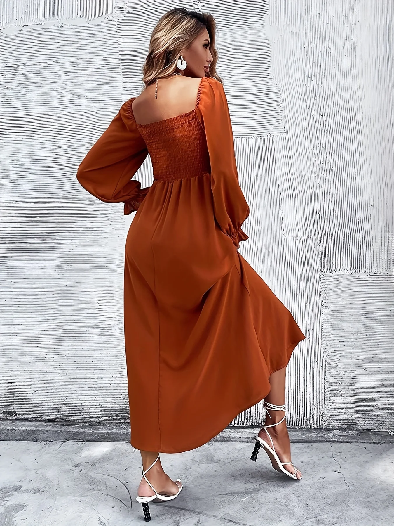 deanwangkt-1  Solid Squared Neck Dress, Casual Long Sleeve Ruffle Trim Shirred Maxi Dress, Women's Clothing - Deanwangkt