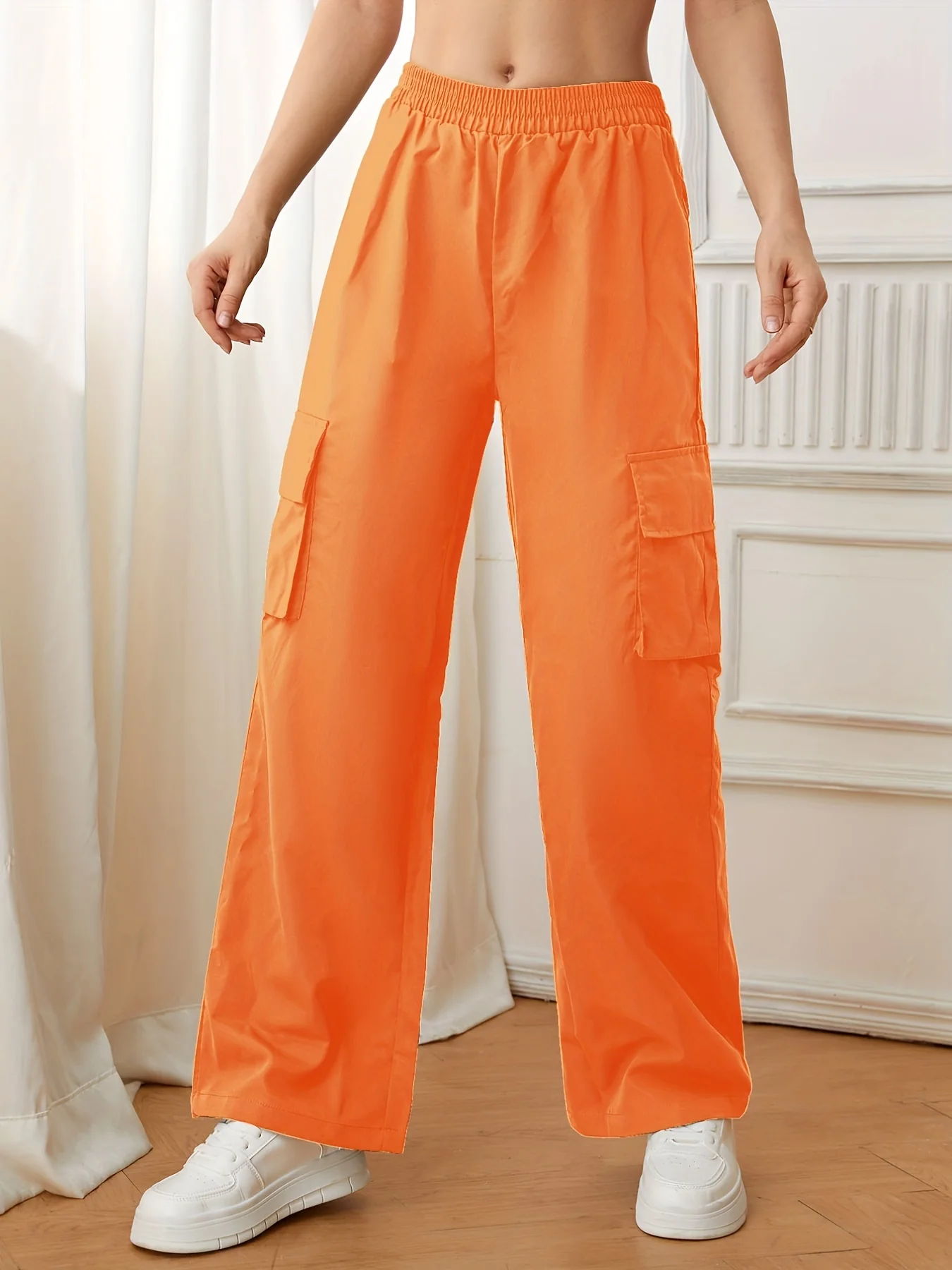 deanwangkt-1  Flap Pockets Straight Leg Cargo Pants, Casual High Waist Pants, Women's Clothing - Deanwangkt