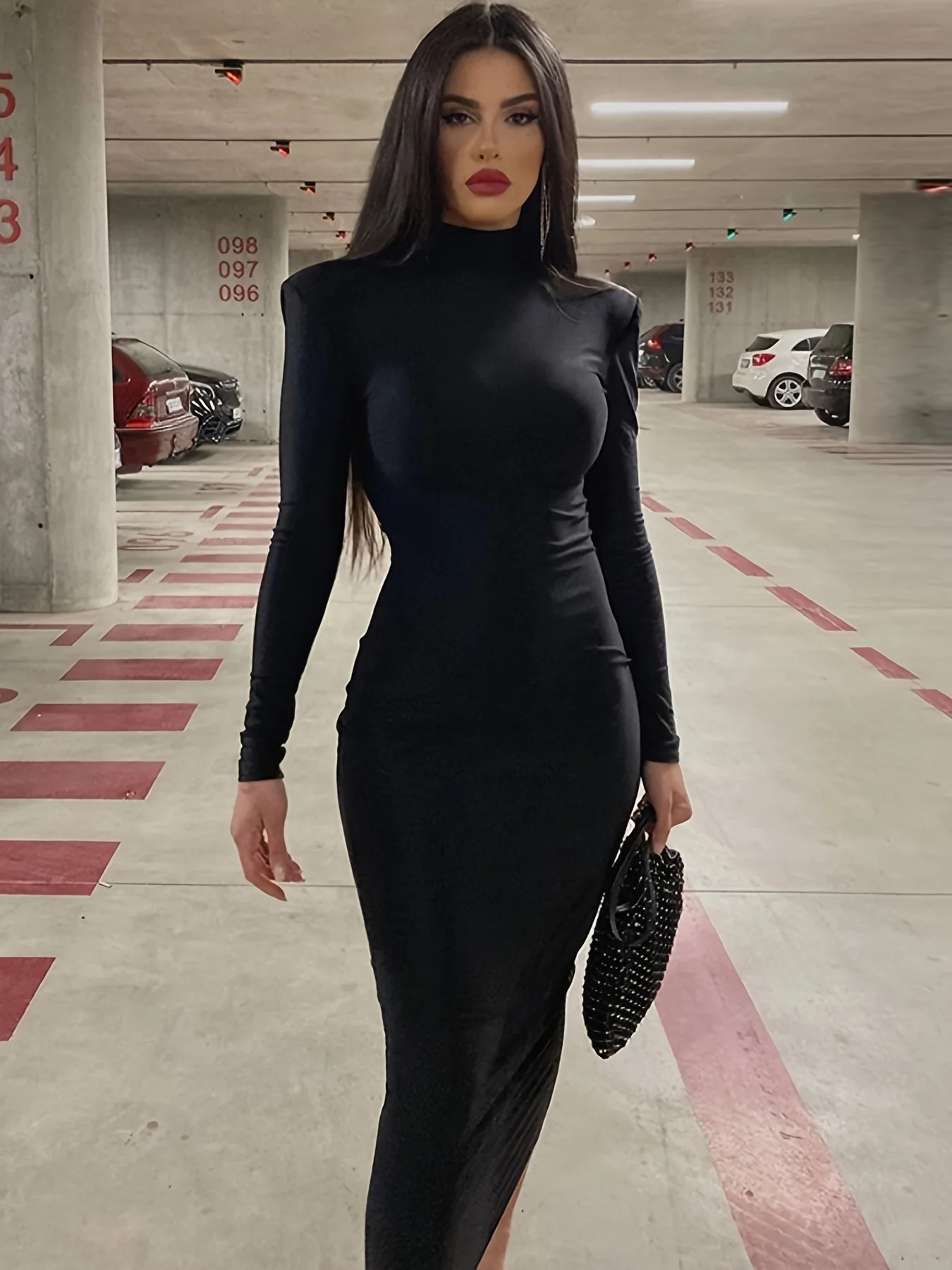 Long Sleeve Midi Dress, High Neck Slim Casual Every Day Dress, Women's Clothing - Deanwangkt