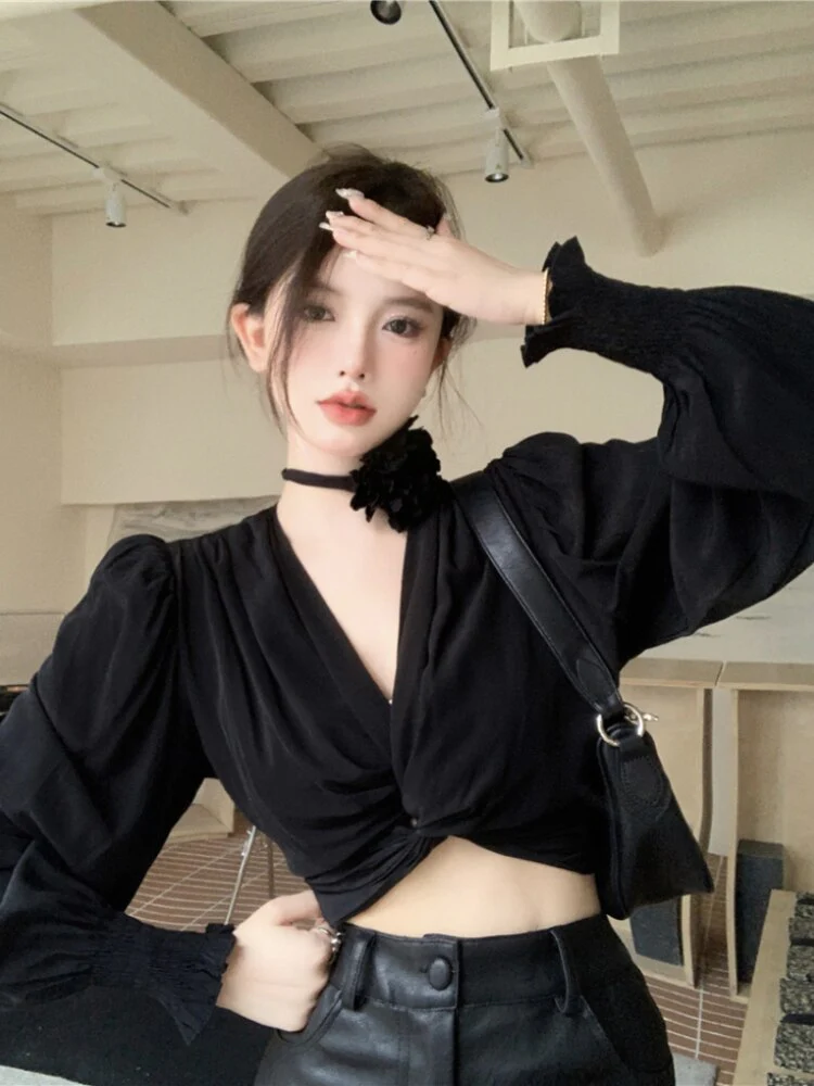 deanwangkt Temperament Tops Female V-neck Puff Sleeve Floral Blouse for Women Cropped Top  Blusas Mujer De Moda Chic Sexy Shirts 27m412 - Deanwangkt