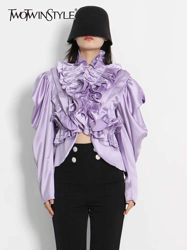 deanwangkt Korean Fashion Shirt For Women Turtleneck Puff Sleeve Fold Pleated Solid Blouses Female Fashion Clothing Style New - Deanwangkt