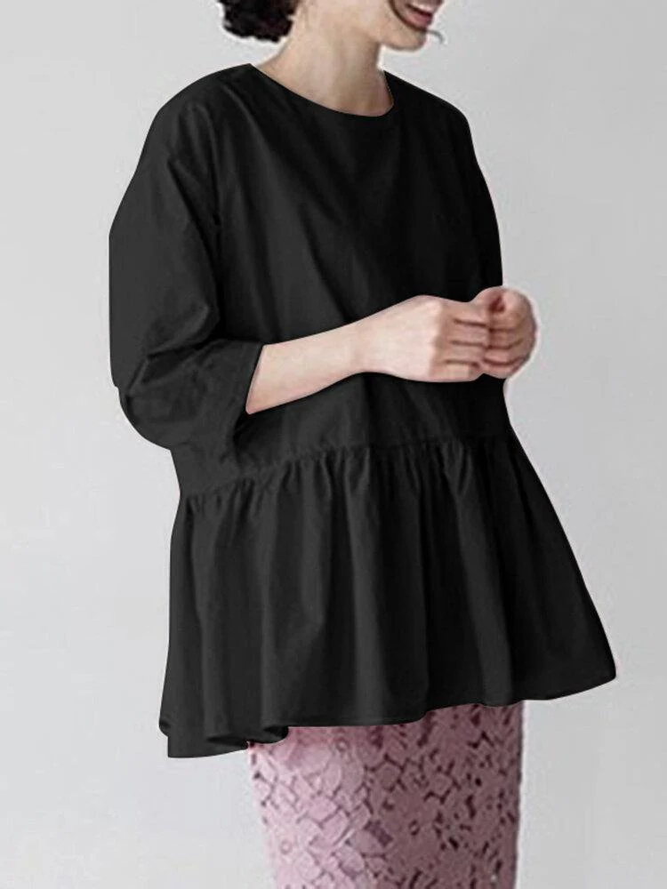 deanwangkt O-Neck Pleated Back Zipper Solid Blouse For Women - Deanwangkt