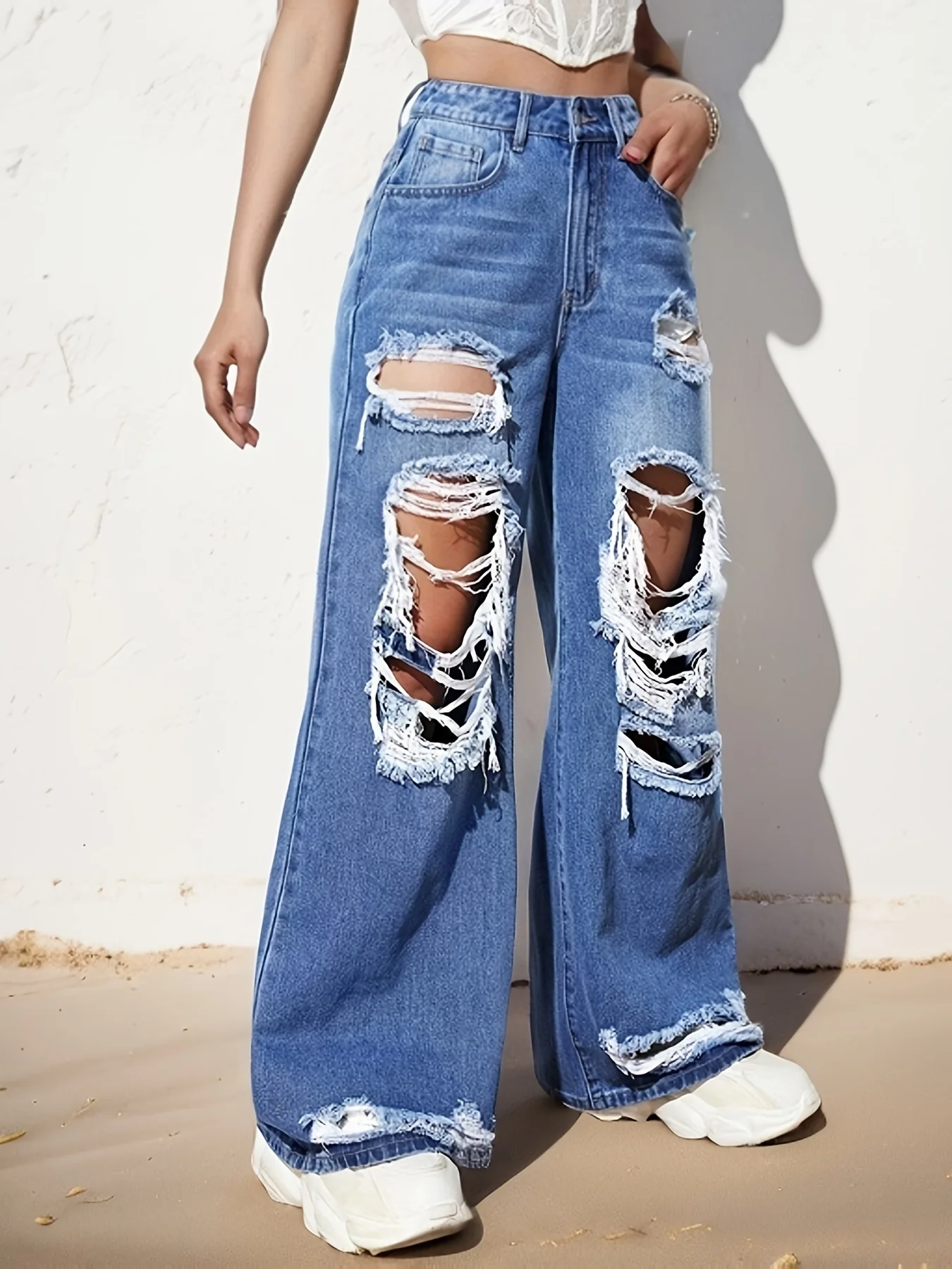 Ripped Straight Leg Loose Fit Jeans, High Rise Wide Legs Distressed Denim Pants, Women's Denim Jeans & Clothing - Deanwangkt