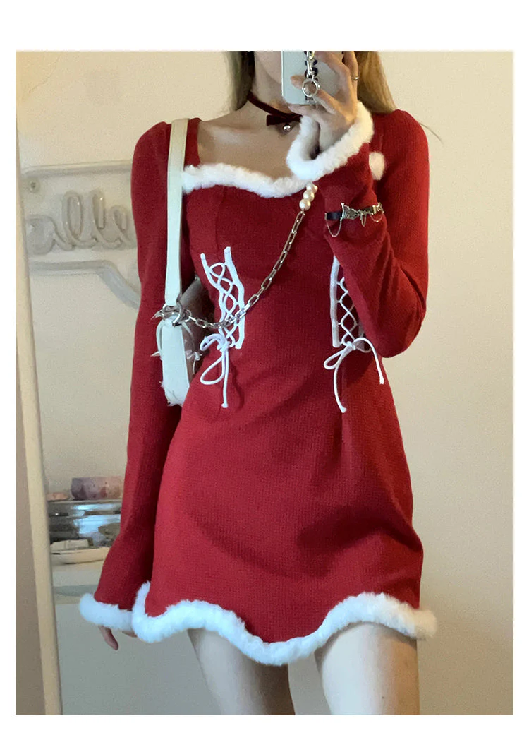 deanwangkt  Winter Sweet Christmas Dress Women Red Kawaii Lolita Party Mini Dresses Warm Korean Night Dresses Ladies Festival Clothing - Deanwangkt